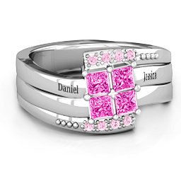 Quad Princess Stone Ring with Accents in 925 Sterling Silver with Pink Tourmaline and Fancy Pink Premium Zirconia