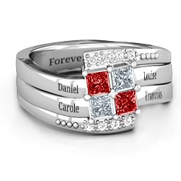 Quad Princess Stone Ring with Accents in 925 Sterling Silver with Garnet, Cubic Zirconia, and White Premium Zirconia