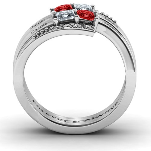 Quad Princess Stone Ring with Accents – Sterling Silver with Garnet, Cubic Zirconia, and White Premium Zirconia