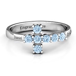 I Believe' Side Cross Ring in 925 Sterling Silver with Aquamarine