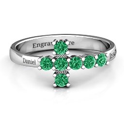 I Believe' Side Cross Ring in 925 Sterling Silver with Emerald