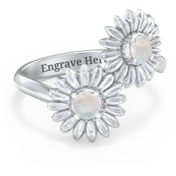Sunflower Birthstone Bypass Ring in 925 Sterling Silver with Opal