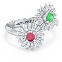 Sunflower Birthstone Bypass Ring in 925 Sterling Silver with Emerald and Ruby
