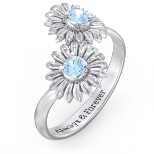 Sunflower Birthstone Bypass Ring – Sterling Silver with Blue Topaz