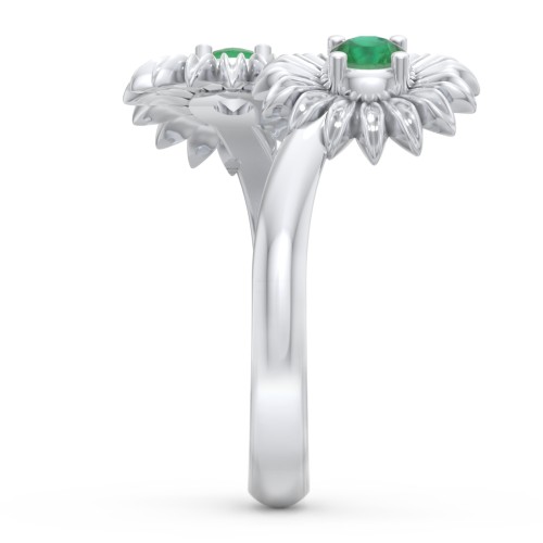 Sunflower Birthstone Bypass Ring – Sterling Silver with Emerald