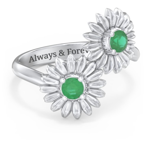 Sunflower Birthstone Bypass Ring – Sterling Silver with Emerald