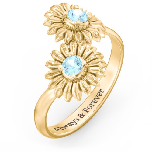Sunflower Birthstone Bypass Ring – 9kt Yellow Gold with Blue Topaz