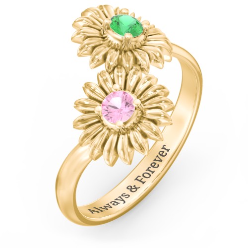 Sunflower Birthstone Bypass Ring – 9kt Yellow Gold with Emerald and Pink Tourmaline