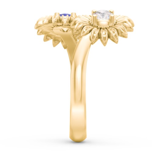 Sunflower Birthstone Bypass Ring – 9kt Yellow Gold with Cubic Zirconia and Blue Sapphire
