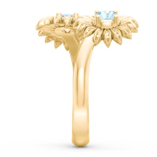 Sunflower Birthstone Bypass Ring – 9kt Yellow Gold with Blue Topaz