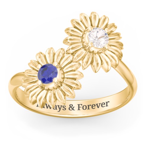 Sunflower Birthstone Bypass Ring – 9kt Yellow Gold with Cubic Zirconia and Blue Sapphire