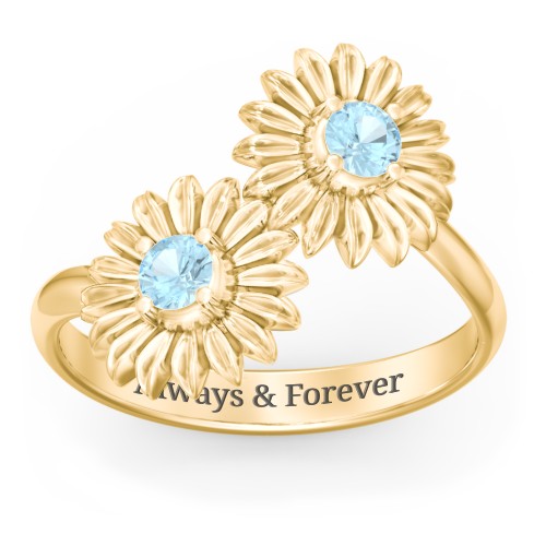 Sunflower Birthstone Bypass Ring – 9kt Yellow Gold with Blue Topaz
