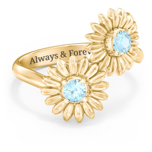 Sunflower Birthstone Bypass Ring – 9kt Yellow Gold with Blue Topaz