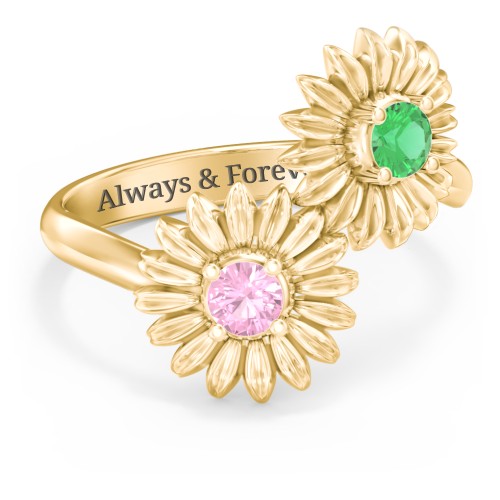 Sunflower Birthstone Bypass Ring – 9kt Yellow Gold with Emerald and Pink Tourmaline