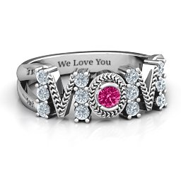 Split Shank Stone Filled MOM Ring in 925 Sterling Silver with Cubic Zirconia and Ruby