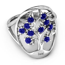 Oval Family Tree Ring in 925 Sterling Silver with Blue Sapphire