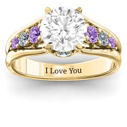 Radiant Love Ring with Collar Gems – 9kt Yellow Gold with White Premium Zirconia, Amethyst, and Cubic Zirconia