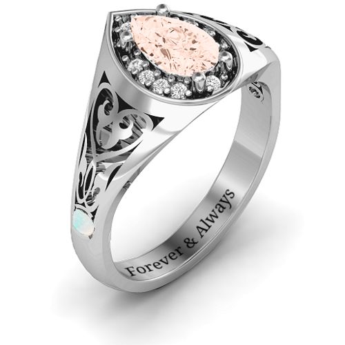 Aphrodite Ring with Side Gems – Sterling Silver with Morganite, White Premium Zirconia, and Opal