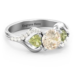 Hearts United Gemstone Ring with Accents in 925 Sterling Silver with Fancy Yellow Premium Zirconia and Peridot