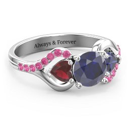 Hearts United Gemstone Ring with Accents in 925 Sterling Silver with Blue Sapphire, Garnet, and Red Premium Zirconia