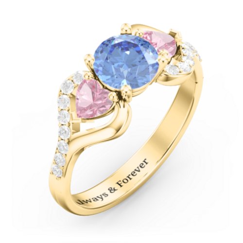 Hearts United Gemstone Ring with Accents – 9kt Yellow Gold with Fancy Blue Premium Zirconia, Pink Tourmaline, and White Premium Zirconia
