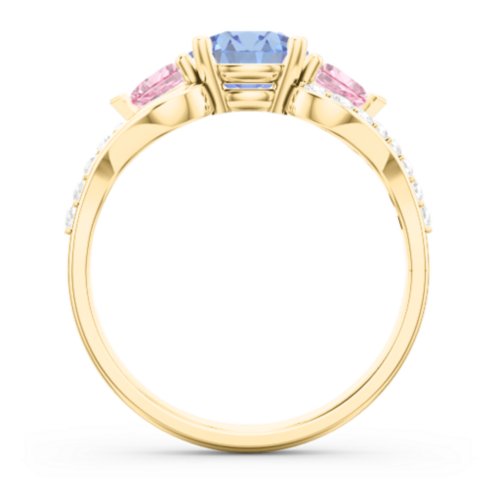 Hearts United Gemstone Ring with Accents – 9kt Yellow Gold with Fancy Blue Premium Zirconia, Pink Tourmaline, and White Premium Zirconia