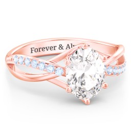 Oval Cut Gemstone Ring with Twisted Band and Accents in 9K Solid Rose Gold with White Premium Zirconia
