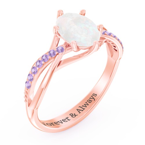 Oval Cut Gemstone Ring with Twisted Band and Accents – 9kt Rose Gold with Opal and Amethyst Premium Zirconia