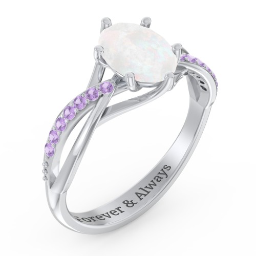 Oval Cut Gemstone Ring with Twisted Band and Accents – Sterling Silver with Opal and Amethyst Premium Zirconia
