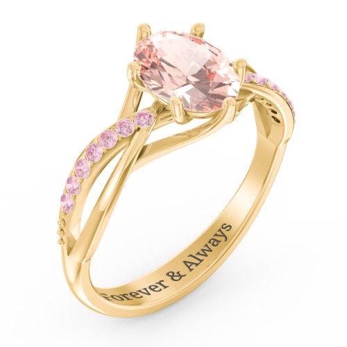 Oval Cut Gemstone Ring with Twisted Band and Accents – 18K Gold Plated Silver with Morganite and Fancy Pink Premium Zirconia