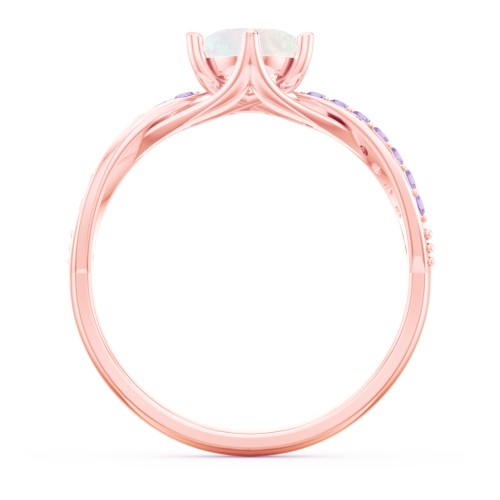 Oval Cut Gemstone Ring with Twisted Band and Accents – 9kt Rose Gold with Opal and Amethyst Premium Zirconia