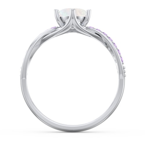 Oval Cut Gemstone Ring with Twisted Band and Accents – Sterling Silver with Opal and Amethyst Premium Zirconia
