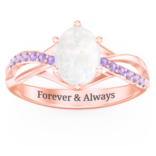 Oval Cut Gemstone Ring with Twisted Band and Accents – 9kt Rose Gold with Opal and Amethyst Premium Zirconia