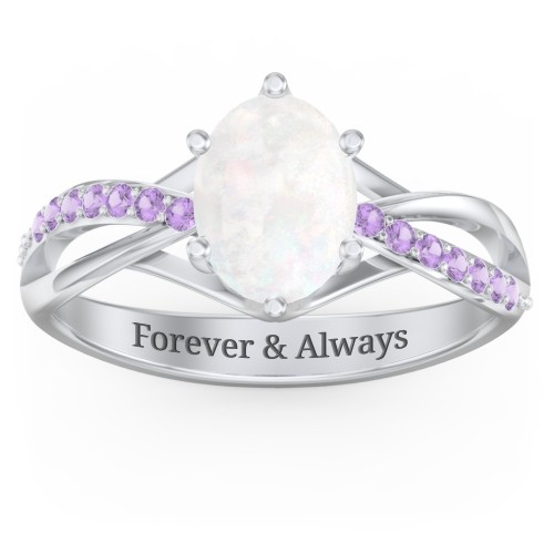 Oval Cut Gemstone Ring with Twisted Band and Accents – Sterling Silver with Opal and Amethyst Premium Zirconia