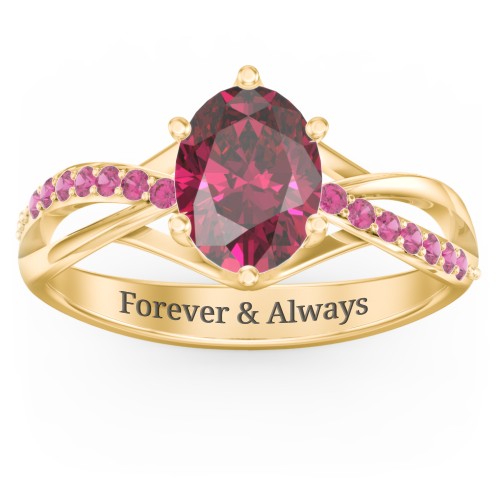 Oval Cut Gemstone Ring with Twisted Band and Accents – 18K Gold Plated Silver with Red Premium Zirconia