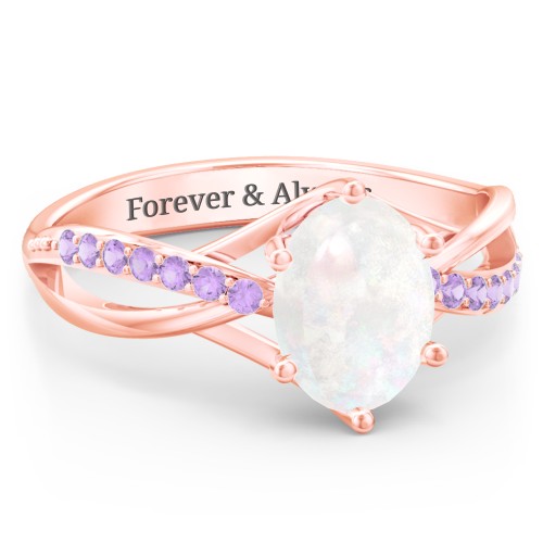 Oval Cut Gemstone Ring with Twisted Band and Accents – 9kt Rose Gold with Opal and Amethyst Premium Zirconia