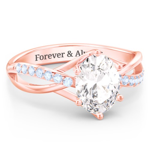Oval Cut Gemstone Ring with Twisted Band and Accents – 9kt Rose Gold with White Premium Zirconia and Fancy Blue Premium Zirconia