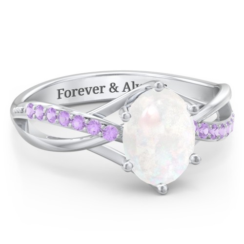 Oval Cut Gemstone Ring with Twisted Band and Accents – Sterling Silver with Opal and Amethyst Premium Zirconia