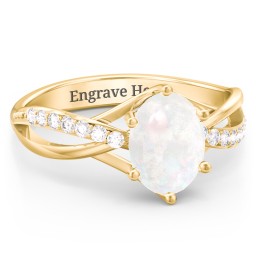 Oval Cut Gemstone Ring with Twisted Band and Accents in 18K Gold Plated Silver with Opal and White Premium Zirconia