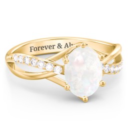 Oval Cut Gemstone Ring with Twisted Band and Accents in 18K Gold Plated Silver with Opal and White Premium Zirconia