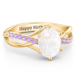 Oval Cut Gemstone Ring with Twisted Band and Accents in 18K Gold Plated Silver with Opal and Amethyst Premium Zirconia
