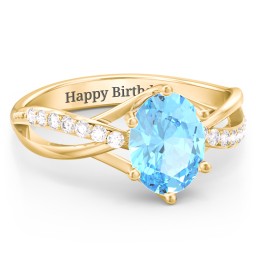 Oval Cut Gemstone Ring with Twisted Band and Accents in 18K Gold Plated Silver with Blue Topaz and White Premium Zirconia