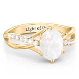 Oval Cut Gemstone Ring with Twisted Band and Accents in 18K Gold Plated Silver with Opal and White Premium Zirconia