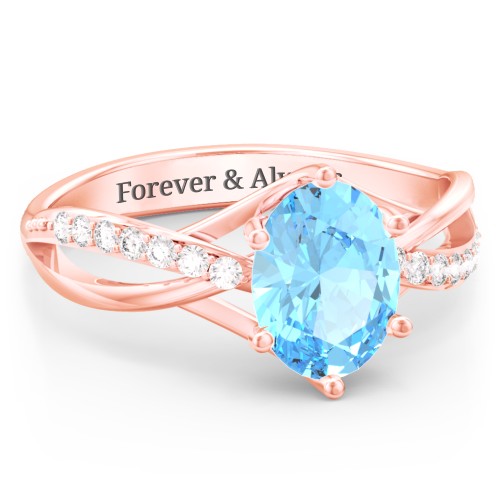 Oval Cut Gemstone Ring with Twisted Band and Accents – 9kt Rose Gold with Blue Topaz and White Premium Zirconia