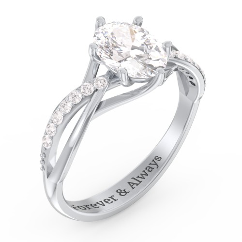 Oval Cut Gemstone Ring with Twisted Band and Accents – Sterling Silver with White Premium Zirconia