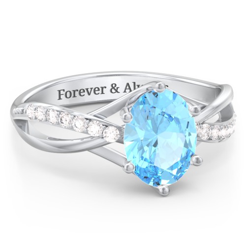 Oval Cut Gemstone Ring with Twisted Band and Accents – Sterling Silver with Blue Topaz and White Premium Zirconia