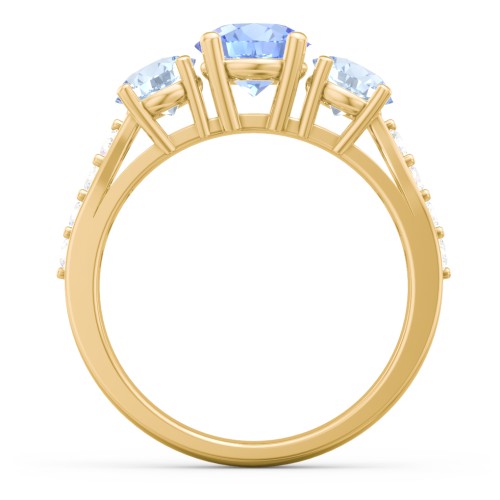 Majestic 3 Stone Eternity Ring with Accents – 9kt Yellow Gold with Fancy Blue Premium Zirconia, Aquamarine, and Cubic Zirconia