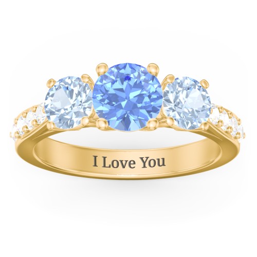 Majestic 3 Stone Eternity Ring with Accents – 9kt Yellow Gold with Fancy Blue Premium Zirconia, Aquamarine, and Cubic Zirconia