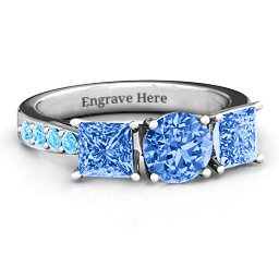 Majestic Round & Princess 3 Stone Ring with Accents in 925 Sterling Silver with Fancy Blue Premium Zirconia and Blue Topaz