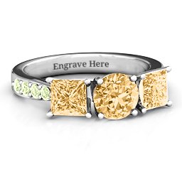 Majestic Round & Princess 3 Stone Ring with Accents in 925 Sterling Silver with Fancy Yellow Premium Zirconia and Peridot